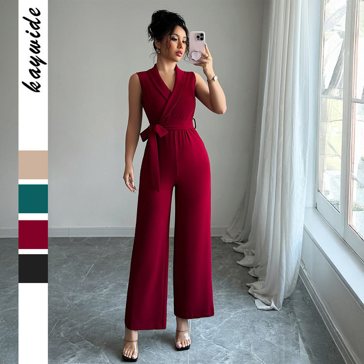 Minimalist style waist cinched wide leg pants for women's jumpsuit - E-Esther Clothing Store