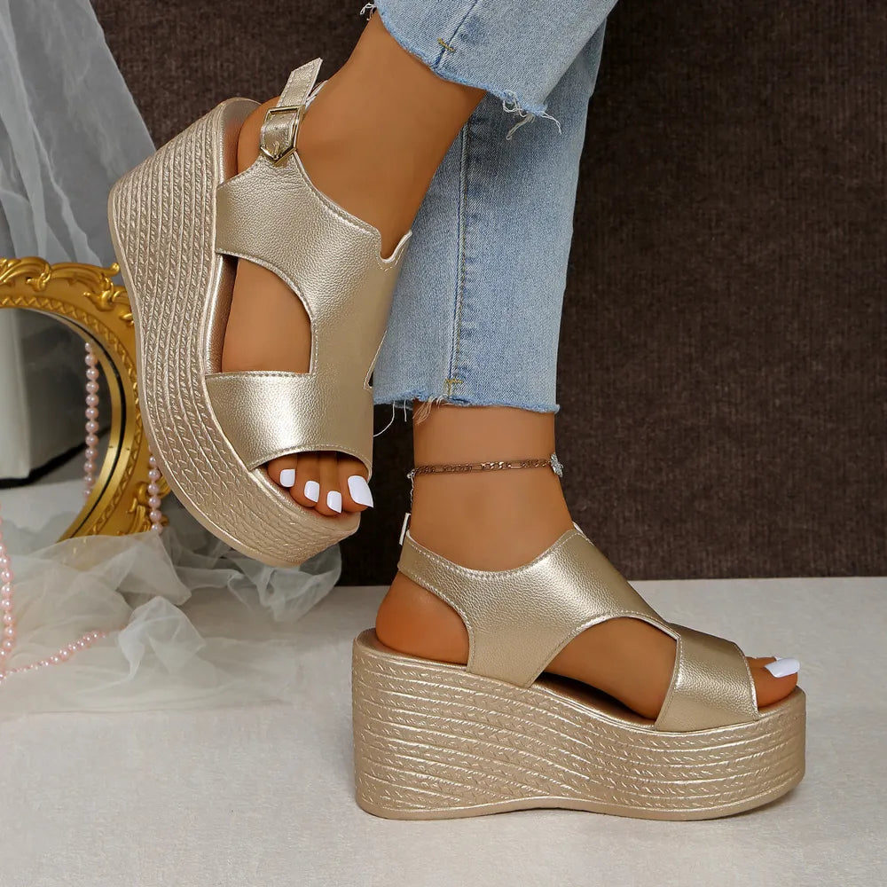 Peep Toe Cut Out Wedge Sandals - E-Esther Clothing Store