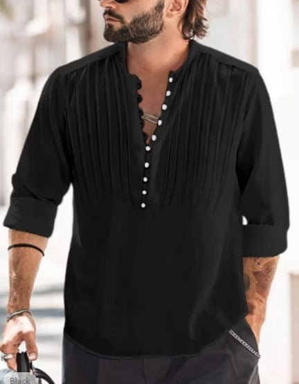 Cotton and Linen Mens Casual Button Round Neck Solid Standing Collar Shirt - E-Esther Clothing Store
