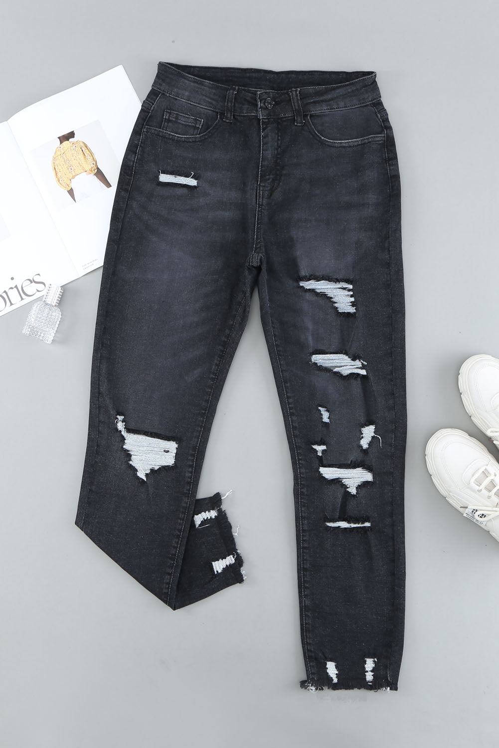 Black Distressed Boyfriend Denim Pants - E-Esther Clothing Store