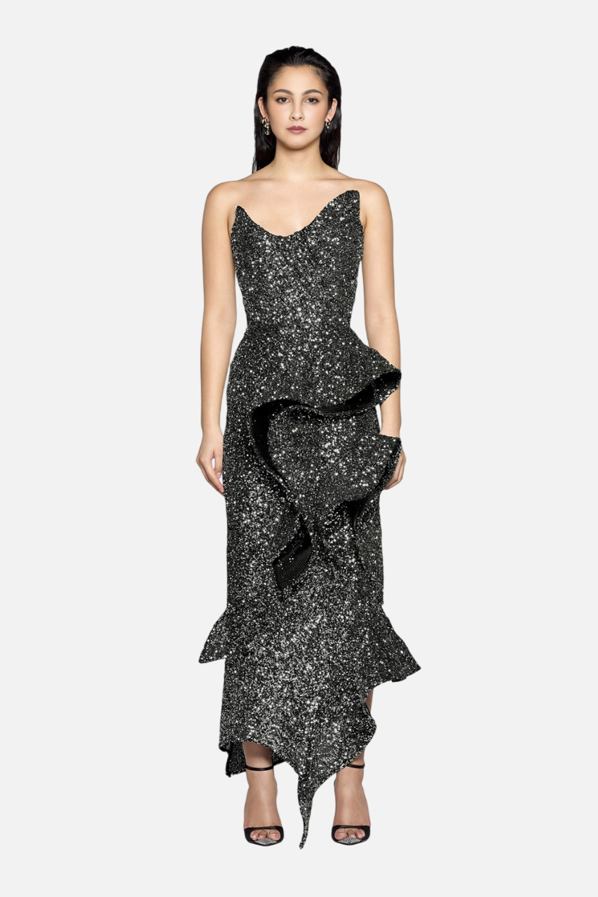 Strapless long skirt with lotus leaf hem party dress - E-Esther Clothing Store