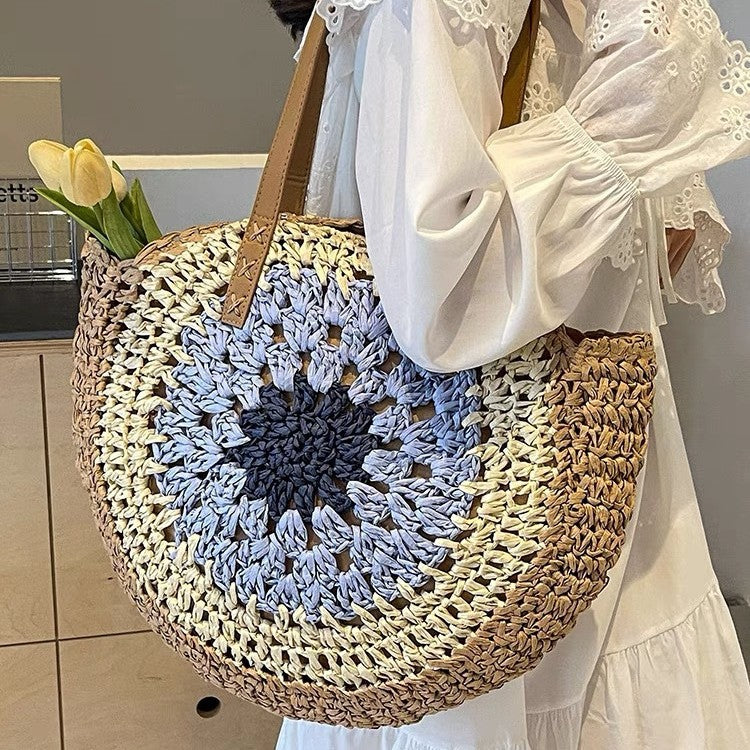 Paper rope hollow out colorful round plate grass woven bag casual beach bag one shoulder fashionable woven bag - E-Esther Clothing Store