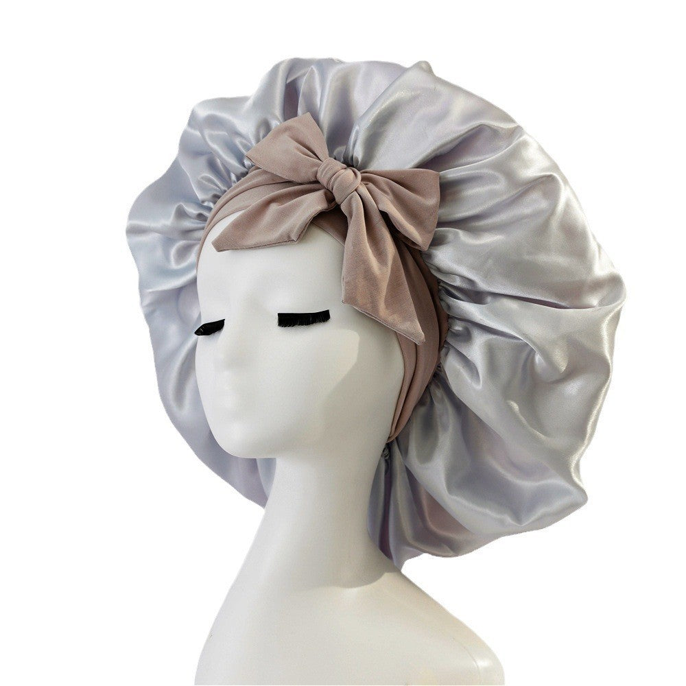 Elastic ribbon bow color Ding round hat solid color night cap wide-brimmed beauty hairdressing head scarf hat - E-Esther Clothing Store