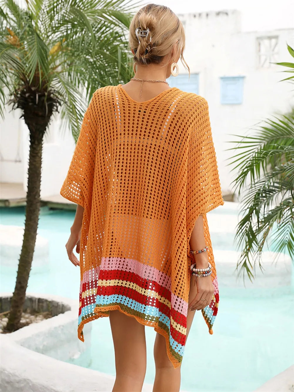 Slit Openwork V-Neck Half Sleeve Cover-Up - E-Esther Clothing Store