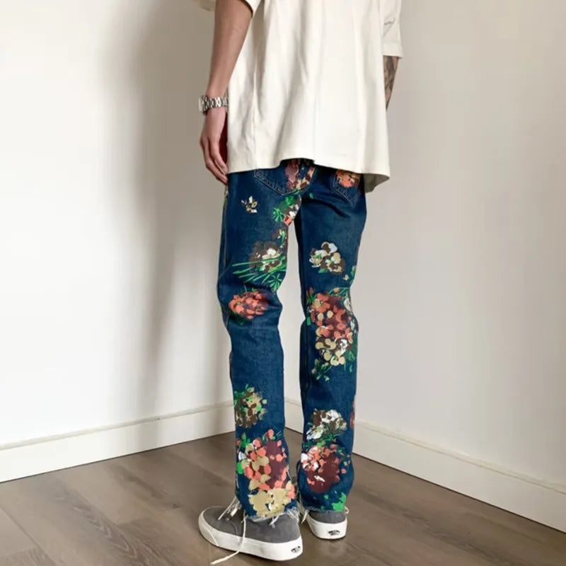 Style hand-painted floral graffiti fringed small straight leg men's trendy jeans - E-Esther Clothing Store