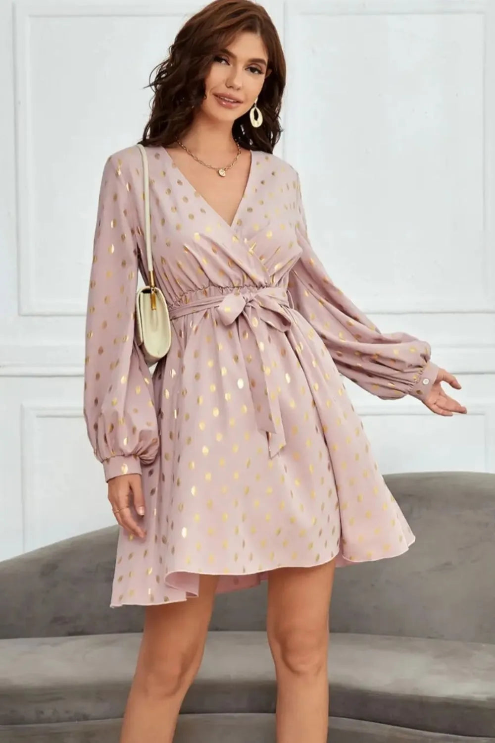 Tied Printed Surplice Long Sleeve Dress - E-Esther Clothing Store