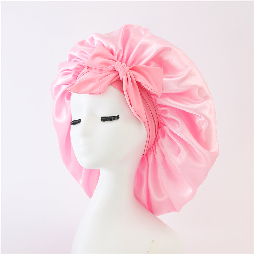 Elastic ribbon bow color Ding round hat solid color night cap wide-brimmed beauty hairdressing head scarf hat - E-Esther Clothing Store