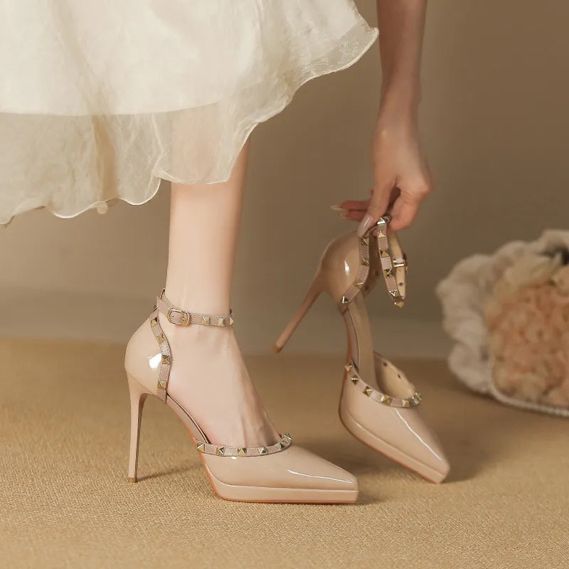 Rivet Decor Ankle Strap Stiletto Pumps - E-Esther Clothing Store