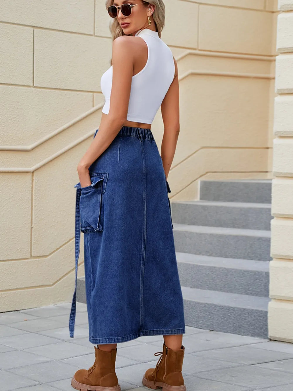 Trendy water washed elastic waistband half skirt
