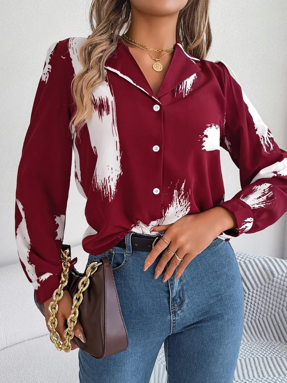 Printed Collared Neck Button Up Shirt - E-Esther Clothing Store