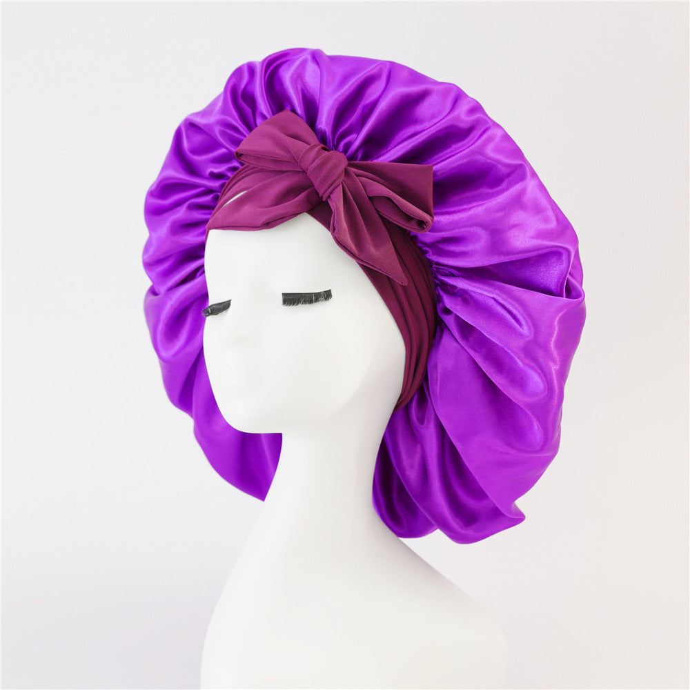 Elastic ribbon bow color Ding round hat solid color night cap wide-brimmed beauty hairdressing head scarf hat - E-Esther Clothing Store