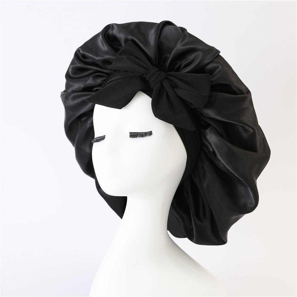 Elastic ribbon bow color Ding round hat solid color night cap wide-brimmed beauty hairdressing head scarf hat - E-Esther Clothing Store