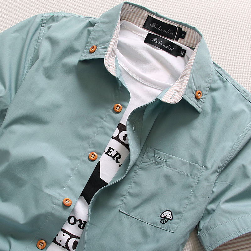 Mushroom Embroidery Mens Short Sleeve Casual Shirts Summer Cotton Shirts - E-Esther Clothing Store