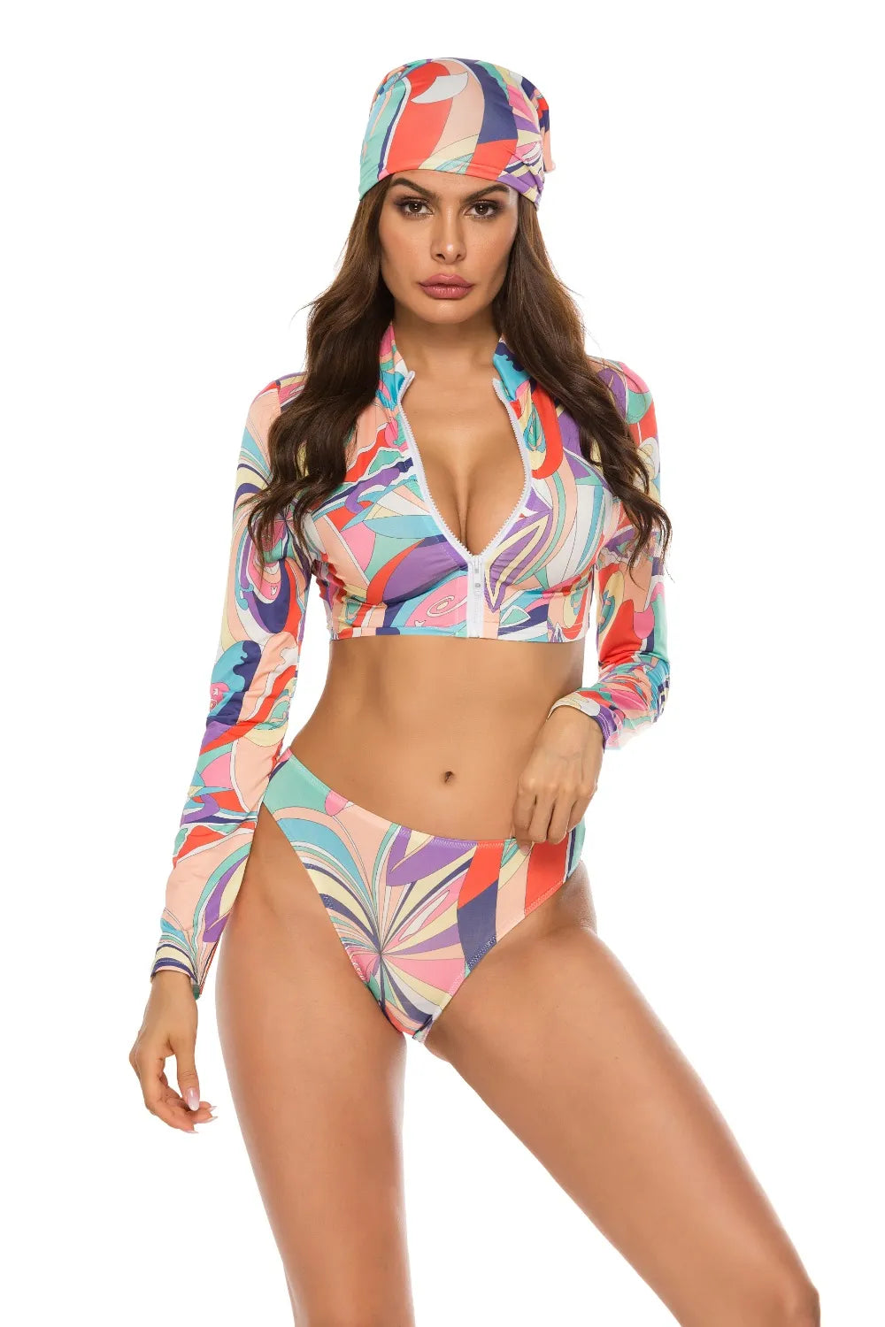 Printed Zip Up Three-Piece Swim Set - E-Esther Clothing Store