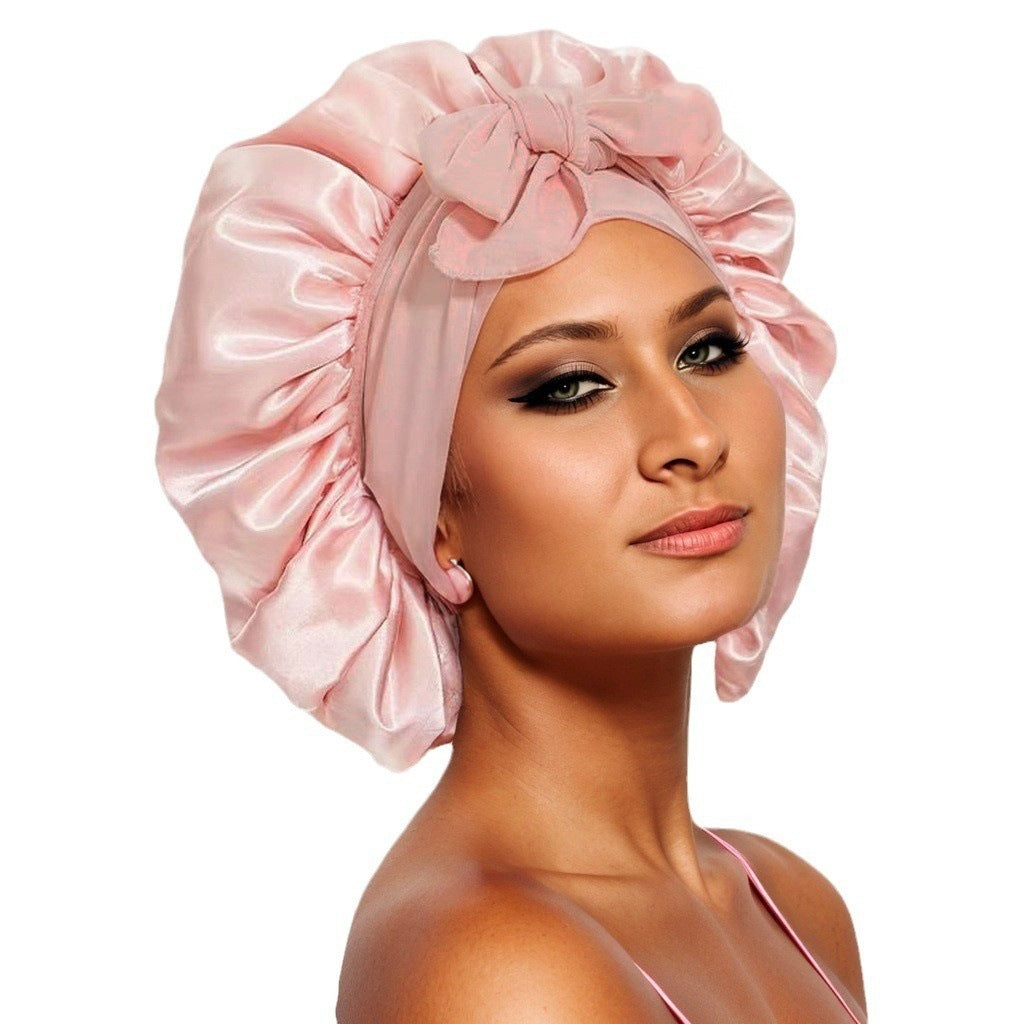 Elastic ribbon bow color Ding round hat solid color night cap wide-brimmed beauty hairdressing head scarf hat - E-Esther Clothing Store