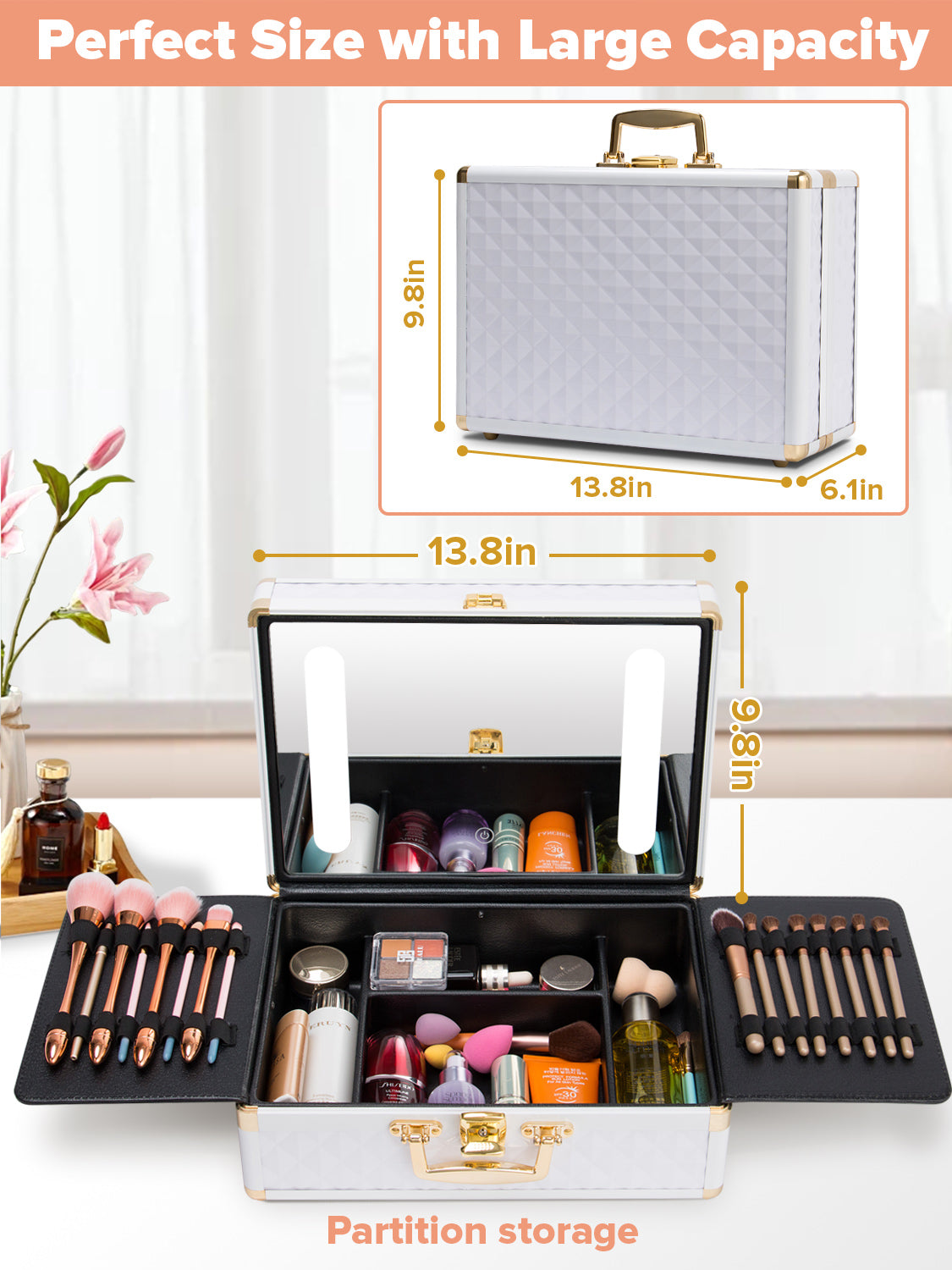 Portable makeup case, travel makeup bag with LED mirror, locked makeup storage box, brush holder, divider, rechargeable, white - E-Esther Clothing Store