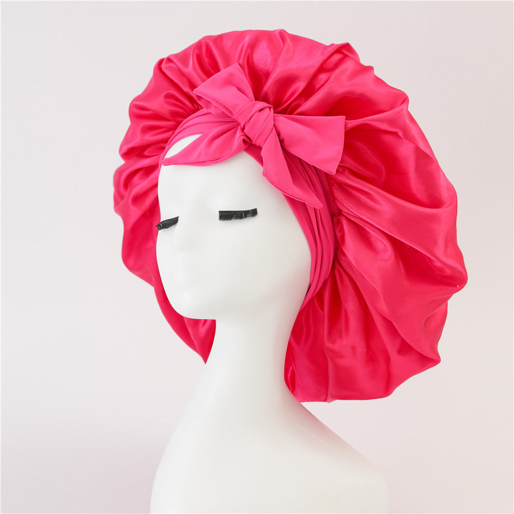 Elastic ribbon bow color Ding round hat solid color night cap wide-brimmed beauty hairdressing head scarf hat - E-Esther Clothing Store