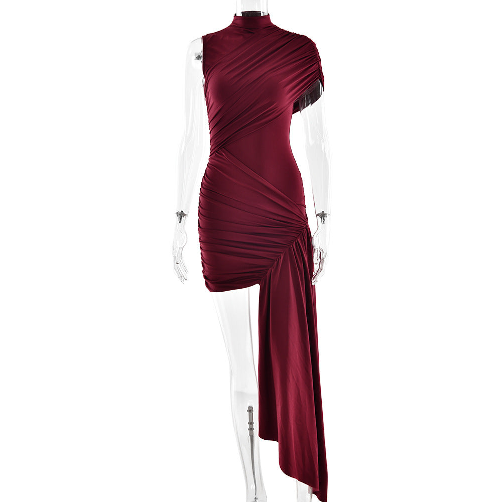 European and American slim fit ribbon dress with round neck pleats irregular hips sleeveless dress - E-Esther Clothing Store