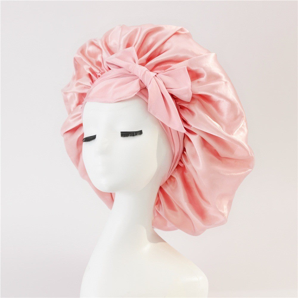 Elastic ribbon bow color Ding round hat solid color night cap wide-brimmed beauty hairdressing head scarf hat - E-Esther Clothing Store