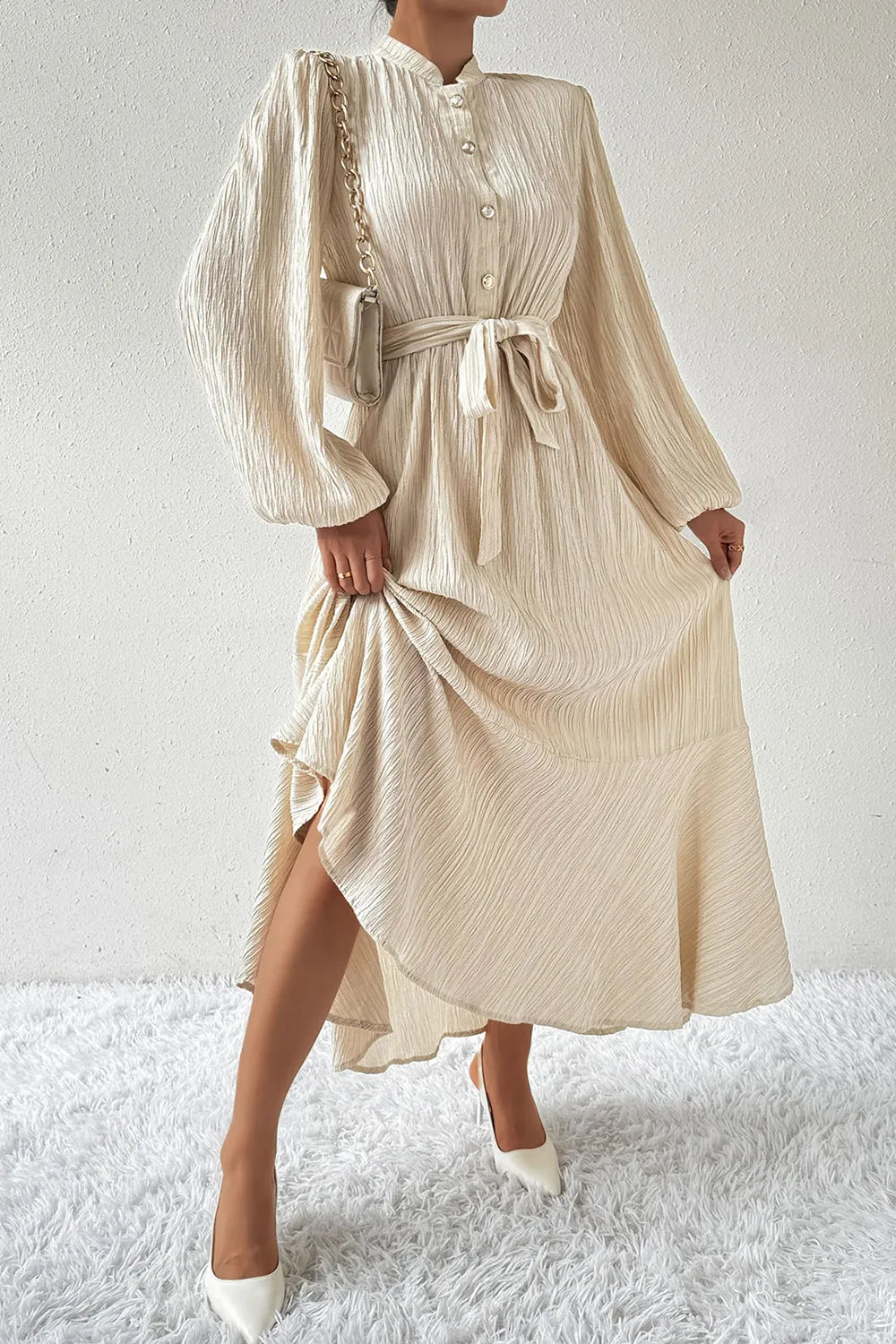 Tied Button Up Balloon Sleeve Dress - E-Esther Clothing Store