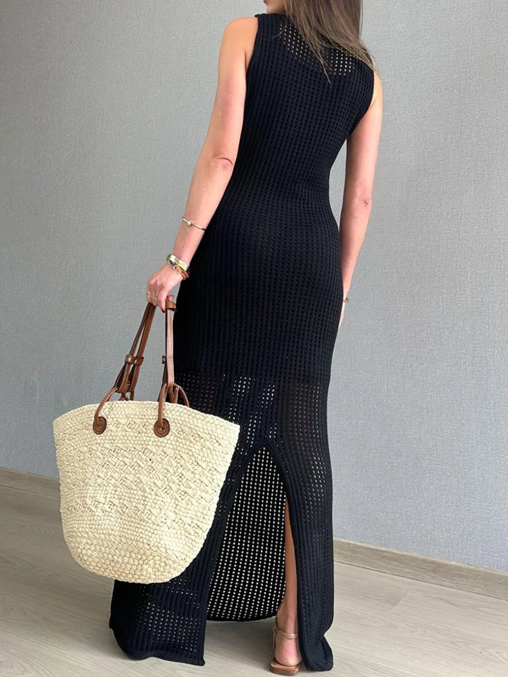 Openwork Slit Round Neck Cover-Up - E-Esther Clothing Store
