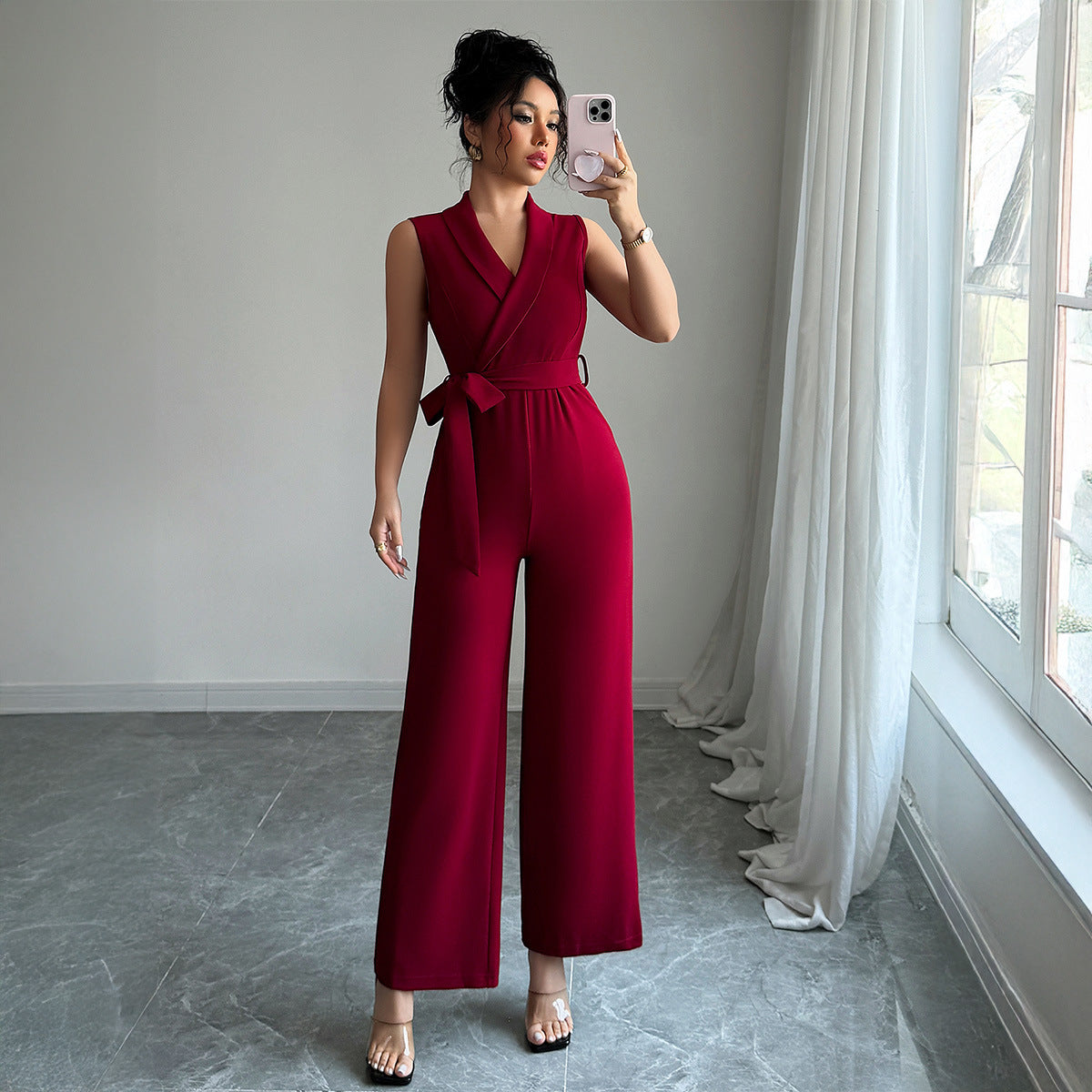 Minimalist style waist cinched wide leg pants for women's jumpsuit - E-Esther Clothing Store