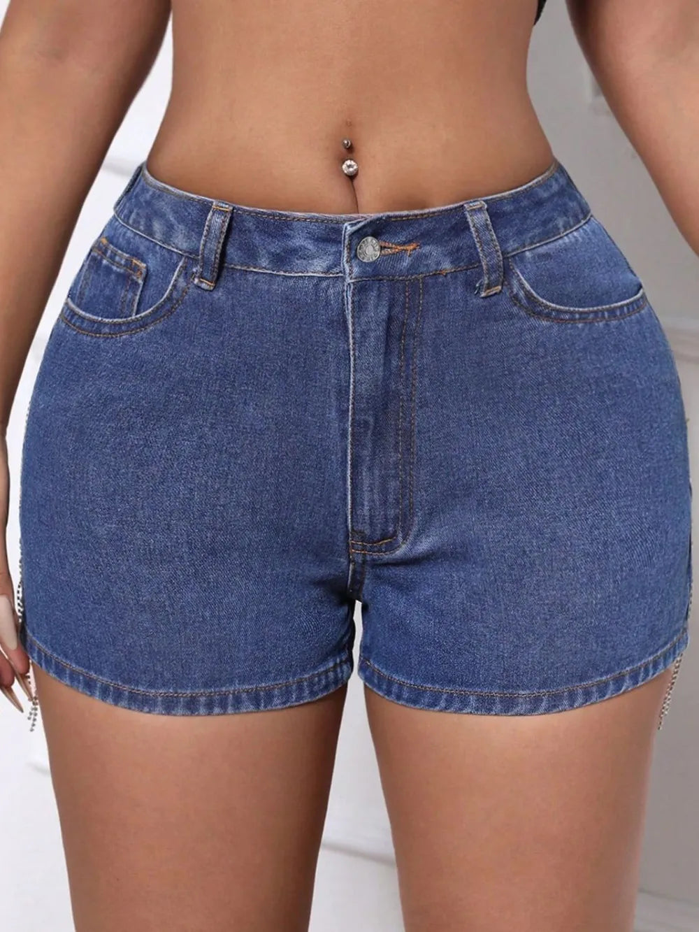 Fringe Back Denim Shorts with Pockets - E-Esther Clothing Store