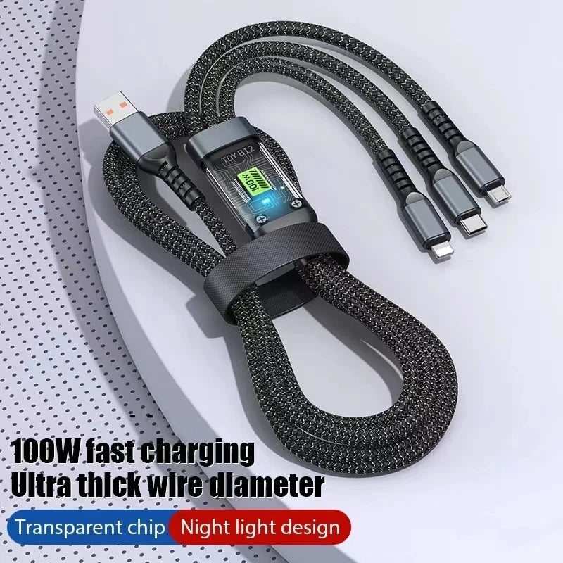 3 In 1 Usb 100w Type C/Iphone//Android Cable For Fast Charging