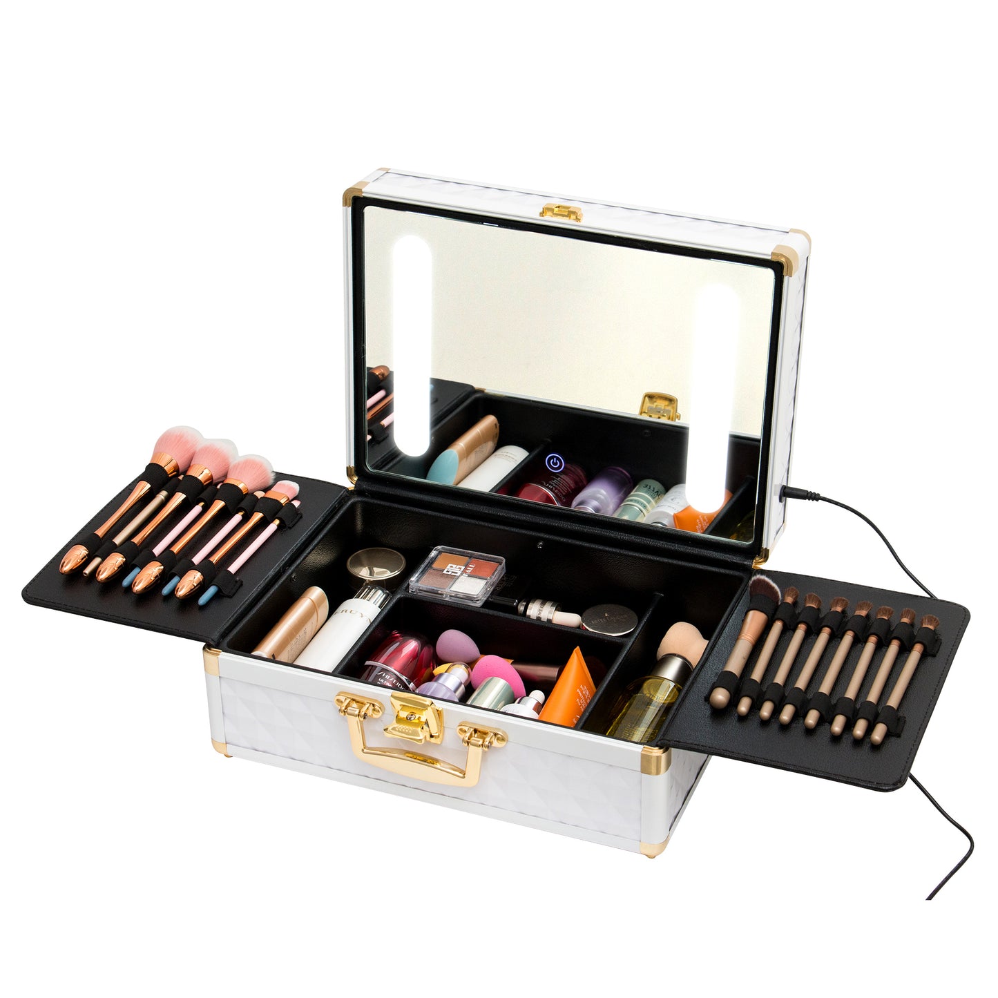 Portable makeup case, travel makeup bag with LED mirror, locked makeup storage box, brush holder, divider, rechargeable, white - E-Esther Clothing Store