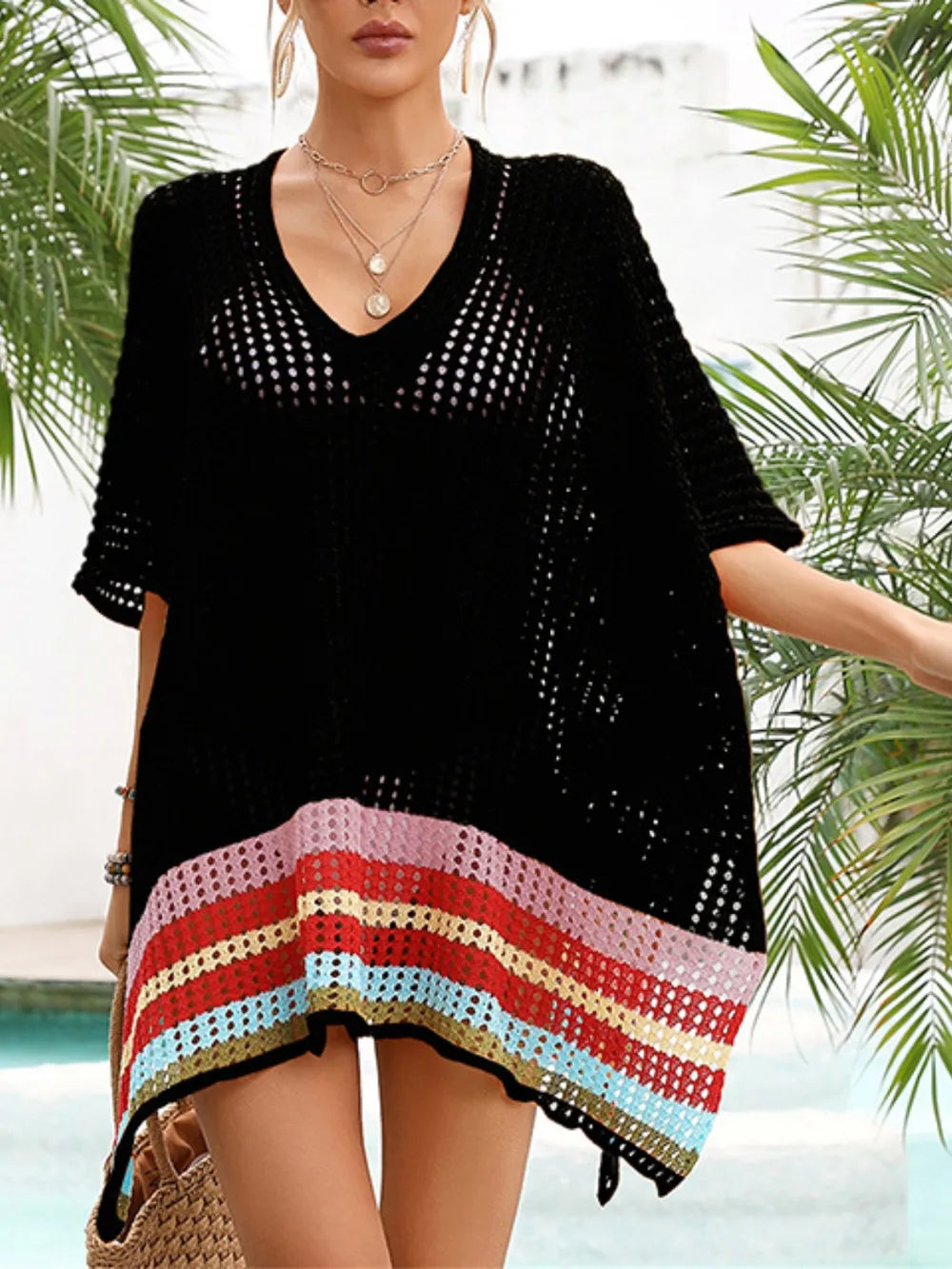 Slit Openwork V-Neck Half Sleeve Cover-Up - E-Esther Clothing Store
