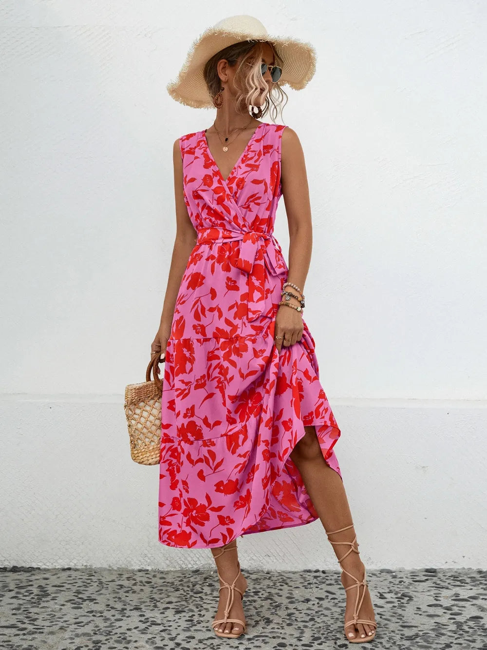 Tied Printed Surplice Tiered Dress - E-Esther Clothing Store