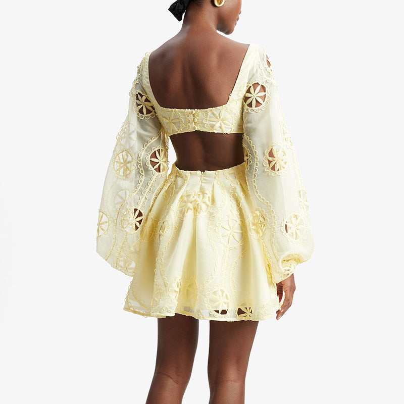 Sexy deep V-neck bubble sleeve solid color short skirt with hollowed out backless design dress for women - E-Esther Clothing Store