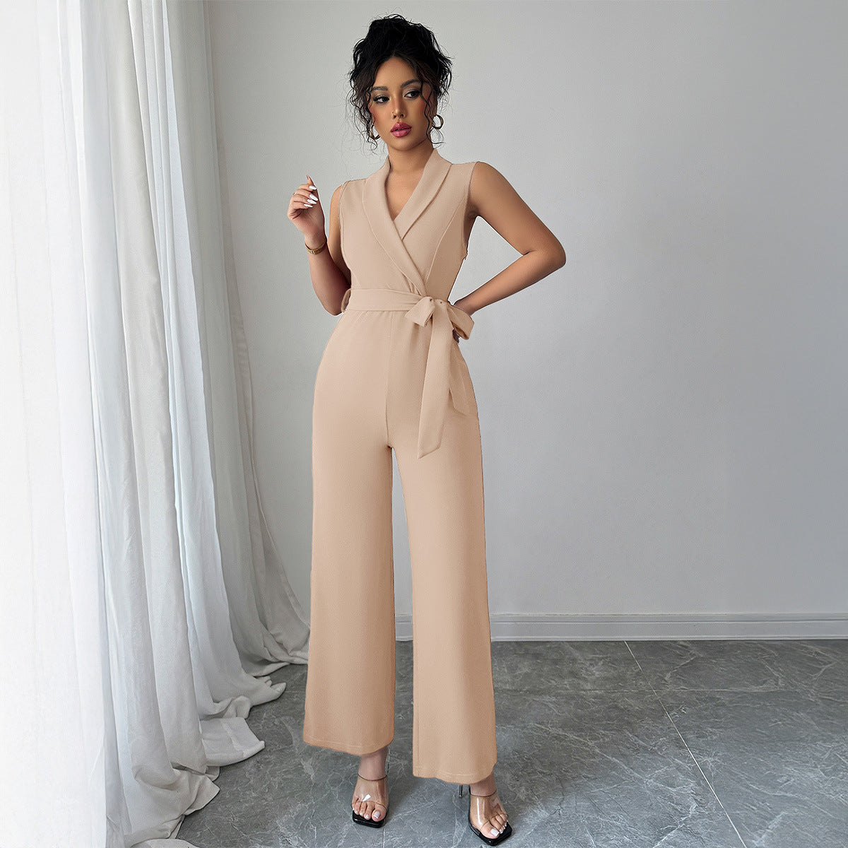Minimalist style waist cinched wide leg pants for women's jumpsuit - E-Esther Clothing Store