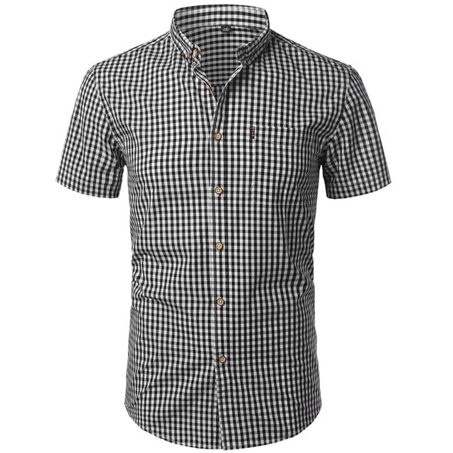 Small Plaid Shirt Men Summer Short Sleeve Cotton Mens Dress Shirts Casual Button Down Men's Shirt - E-Esther Clothing Store