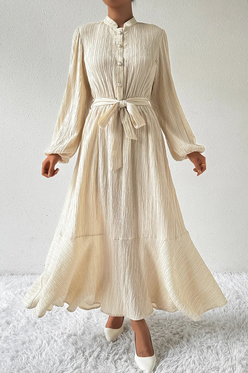 Tied Button Up Balloon Sleeve Dress - E-Esther Clothing Store