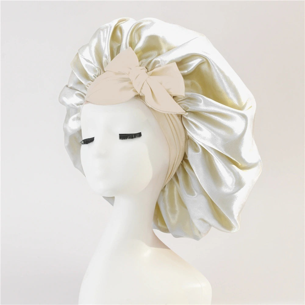 Elastic ribbon bow color Ding round hat solid color night cap wide-brimmed beauty hairdressing head scarf hat - E-Esther Clothing Store