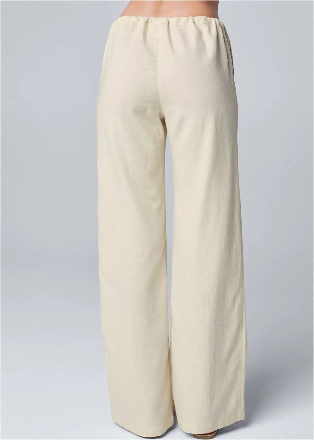 Women Cotton Linen Pants Solid Color Elastic Loose Drawstring Wide-Leg High Waist Trousers Female Stretch Straight Casual Pants