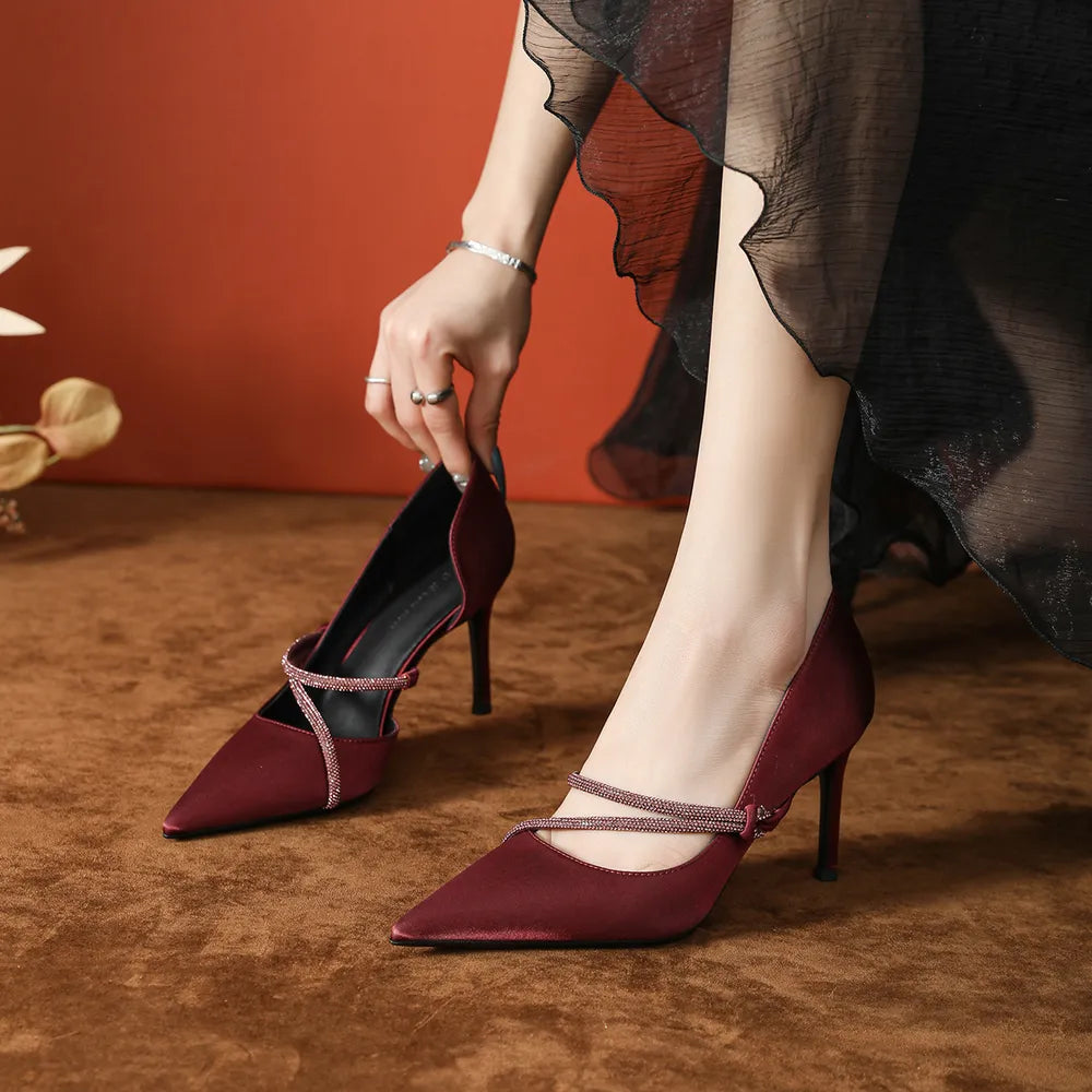 Point Toe Rhinestone High Heel Pumps - E-Esther Clothing Store