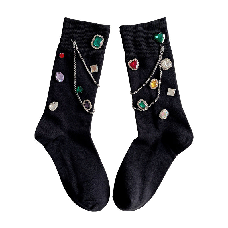 Summer and Spring European Luxury Love Diamond Black Chain Middle Tube Stacked Socks - E-Esther Clothing Store