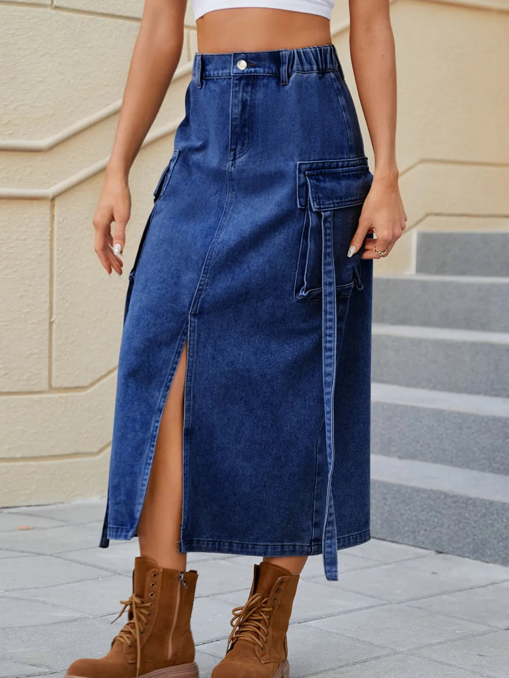 Trendy water washed elastic waistband half skirt
