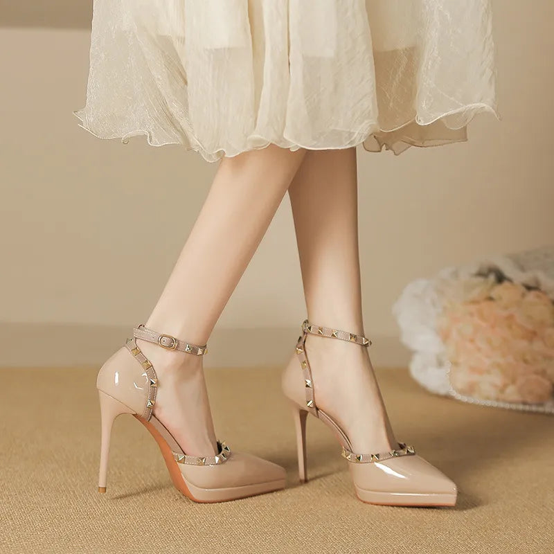 Rivet Decor Ankle Strap Stiletto Pumps - E-Esther Clothing Store