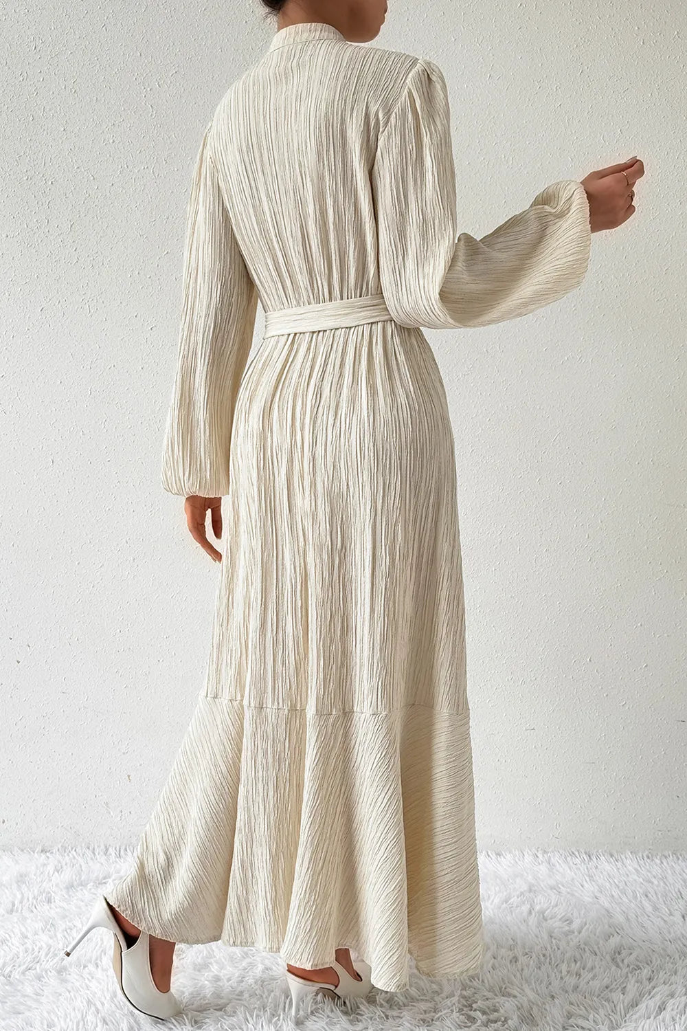 Tied Button Up Balloon Sleeve Dress - E-Esther Clothing Store