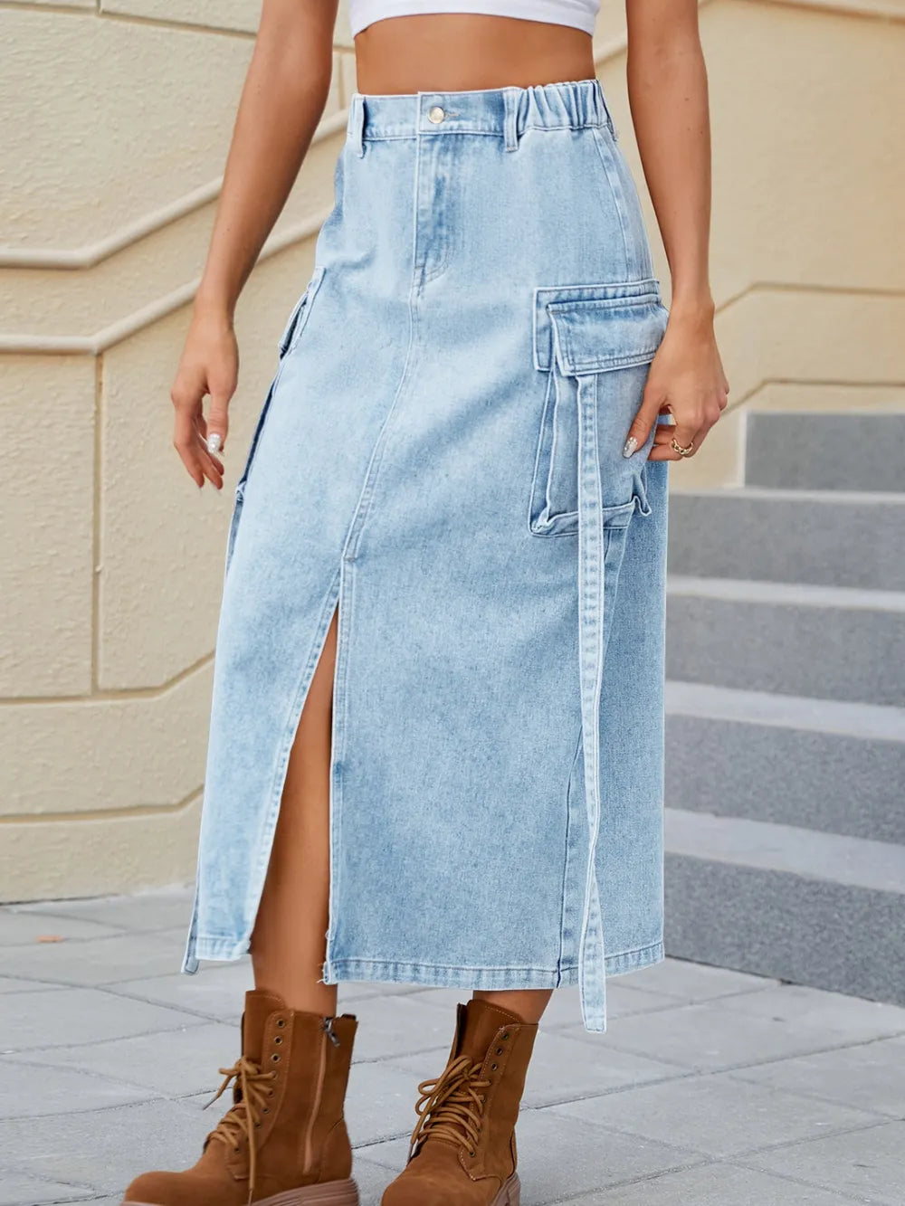 Trendy water washed elastic waistband half skirt