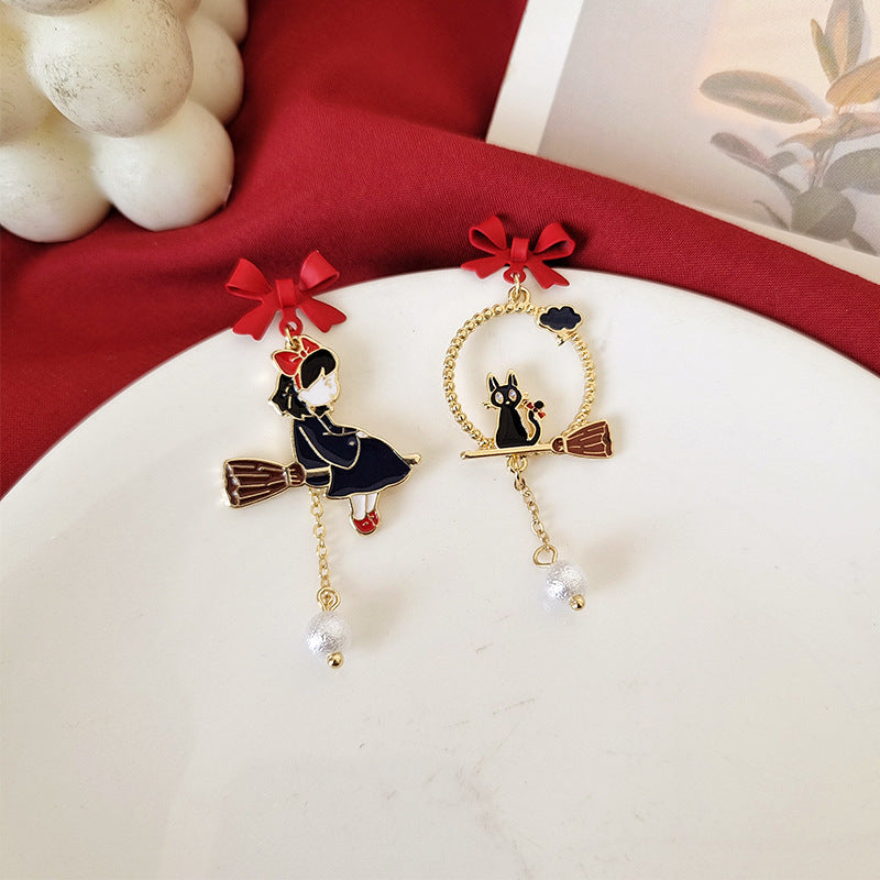 Bow cartoon character cat earrings, personalized and creative street photography drip oil earrings - E-Esther Clothing Store