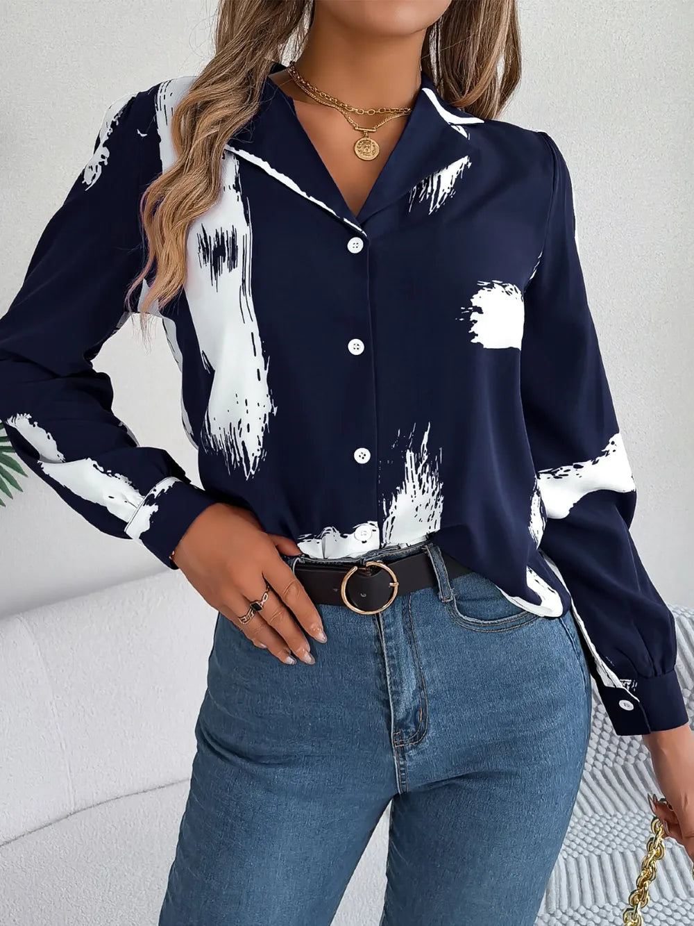 Printed Collared Neck Button Up Shirt - E-Esther Clothing Store