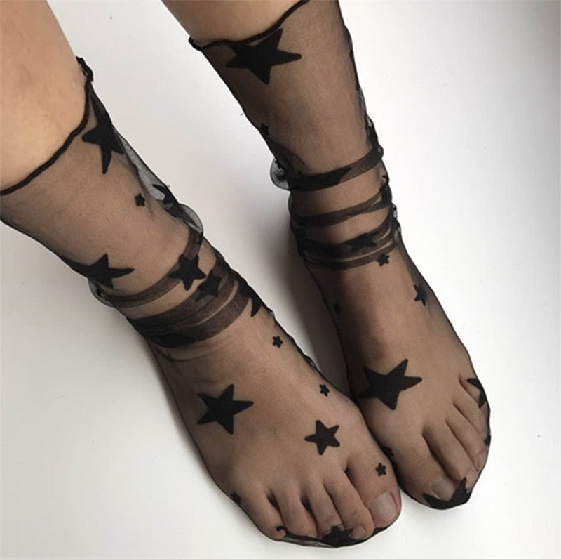 Spring and Summer Retro Lace Floral Mesh Women Socks Thin Middle Tube Transparent Sock Women Breathable Silk Ultrathin Sock New - E-Esther Clothing Store