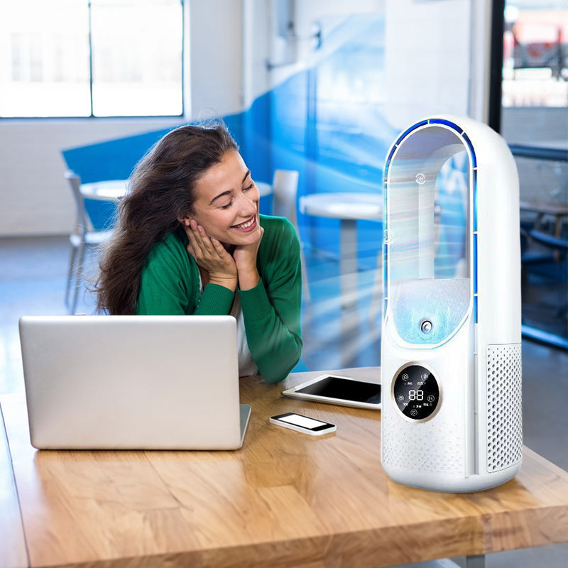 Mini portable AC, USB air cooler, bladeless electric fan.