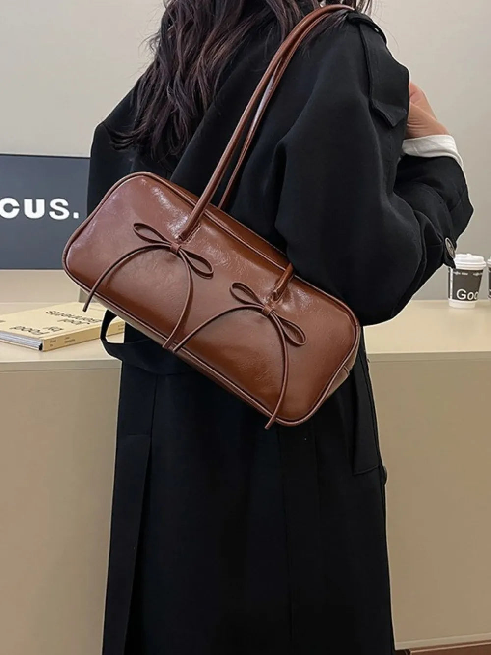 PU Leather Bow Trim Shoulder Bag - E-Esther Clothing Store