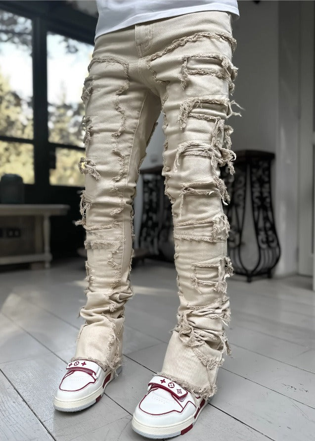 Men's denim straight leg pants with elastic patch fabric - E-Esther Clothing Store