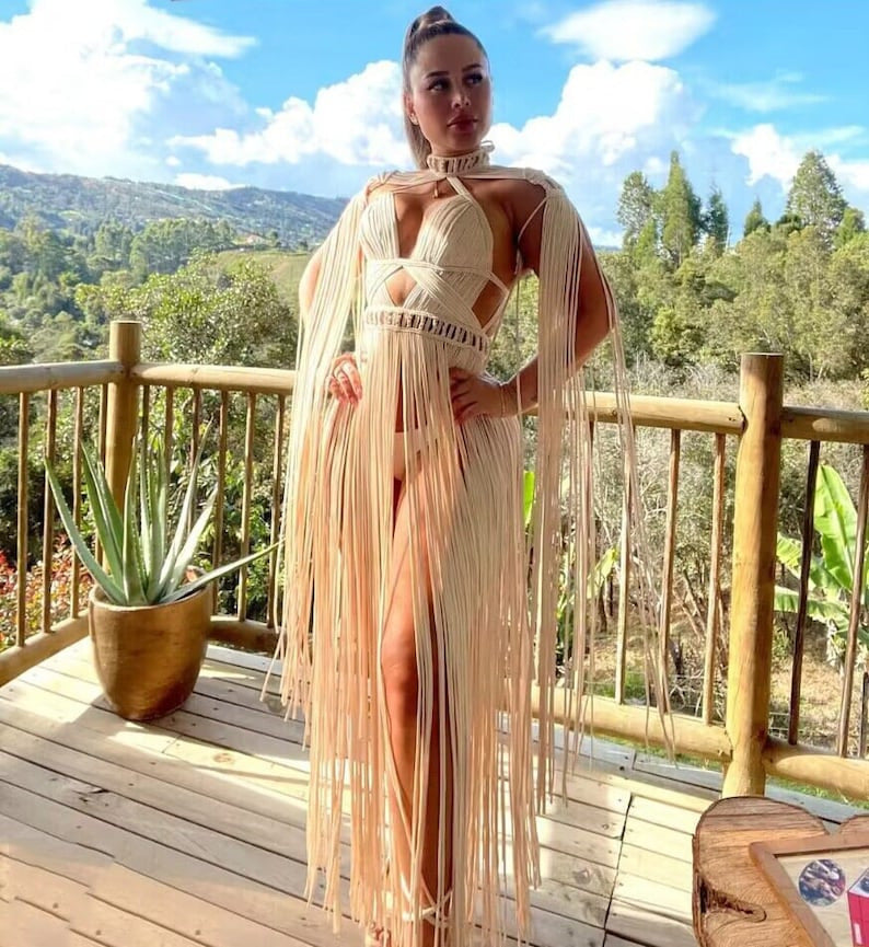 Women's handmade woven tassel long skirt, new creative Greek goddess outfit, beach travel sexy split body wrapped chest - E-Esther Clothing Store